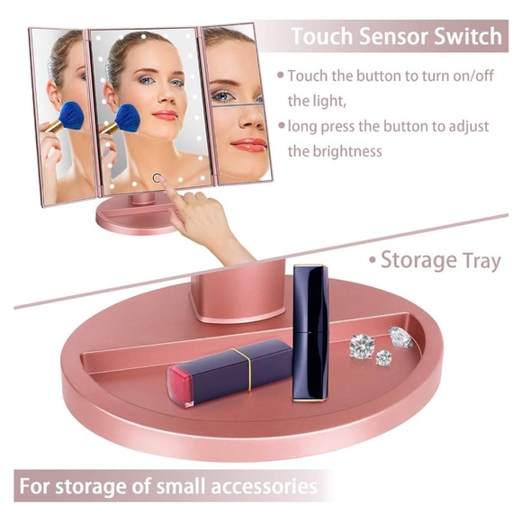 Tri-Fold Lighted Vanity Make-Up Mirror | LED Lights, Touch Screen, Magnification - Picture 5 of 6